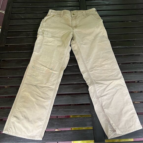 Distressed Carhartt B151-DKH Canvas Dungaree Work Pant (35 x 32) - Picture 3 of 13